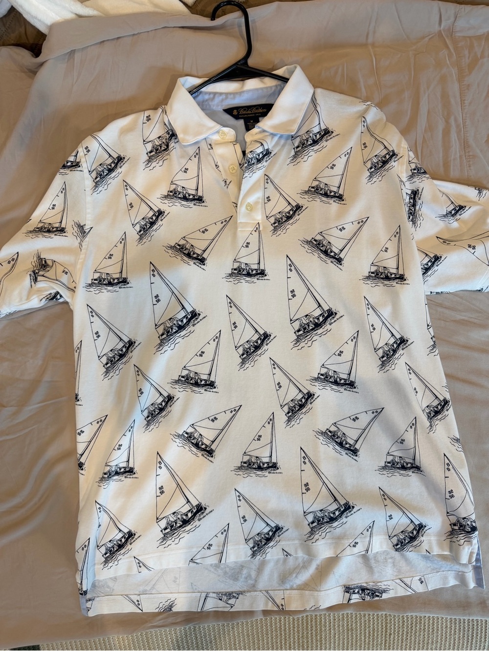 Brooks Brothers White Polo with Navy Sailboat Print